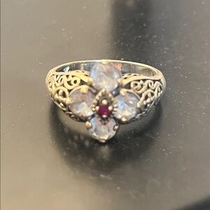 CNA Sterling Silver Ring with Red and Clear Stones Size 9